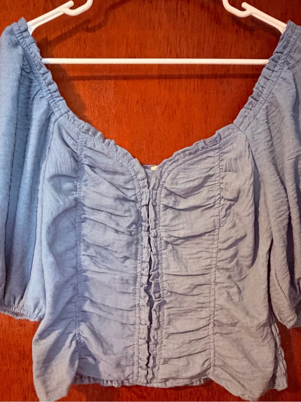 Light Blue Sienna Sky Ruched Off-Shoulder Peasant Top - Women